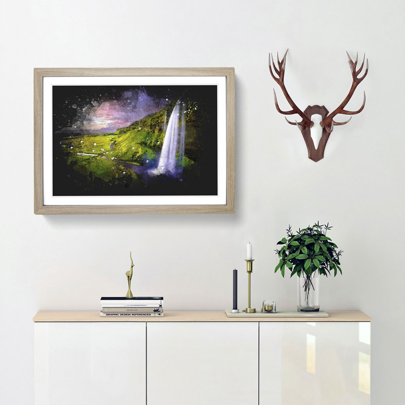 Seljalandsfoss Waterfall Iceland - Picture Frame Graphic Art, 45cm H x 63cm W x 2cm D, Oak Framed