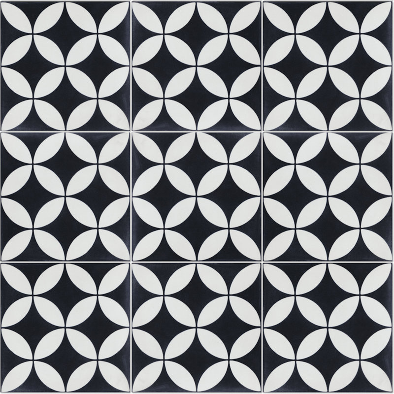 Carreau de ciment pour mur et plancher à motif circulaire 8 po x 8 po Circulos, Noir / blanc soir