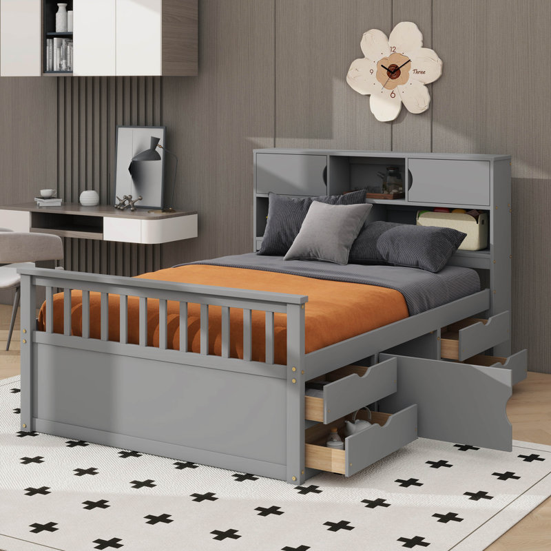 Base de lit plateforme double durable avec tablette intégrée et tiroirs, Gris