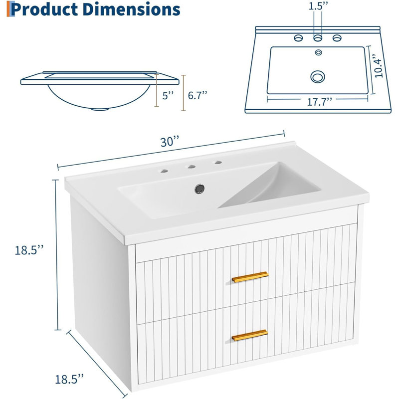 30" Floating Bathroom Vanity with Sink, Wall Mounted Modern Vanity Cabinet with 2 Soft-Close Drawers, White Resin Basin, Water-Resistant Storage, Gold Handles for Bathroom, White