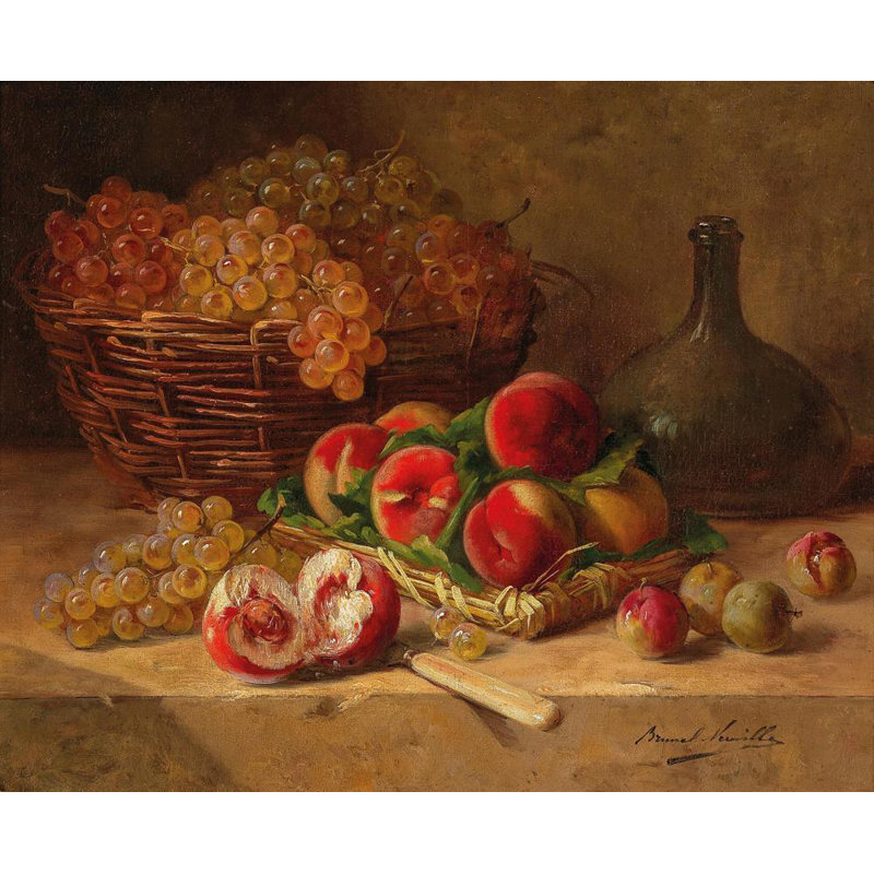 «Fruit Still Life with Peaches and Grapes» par Arthur-Alfred Brunel De Neuville - Art mural sur toile tendue avec châssis