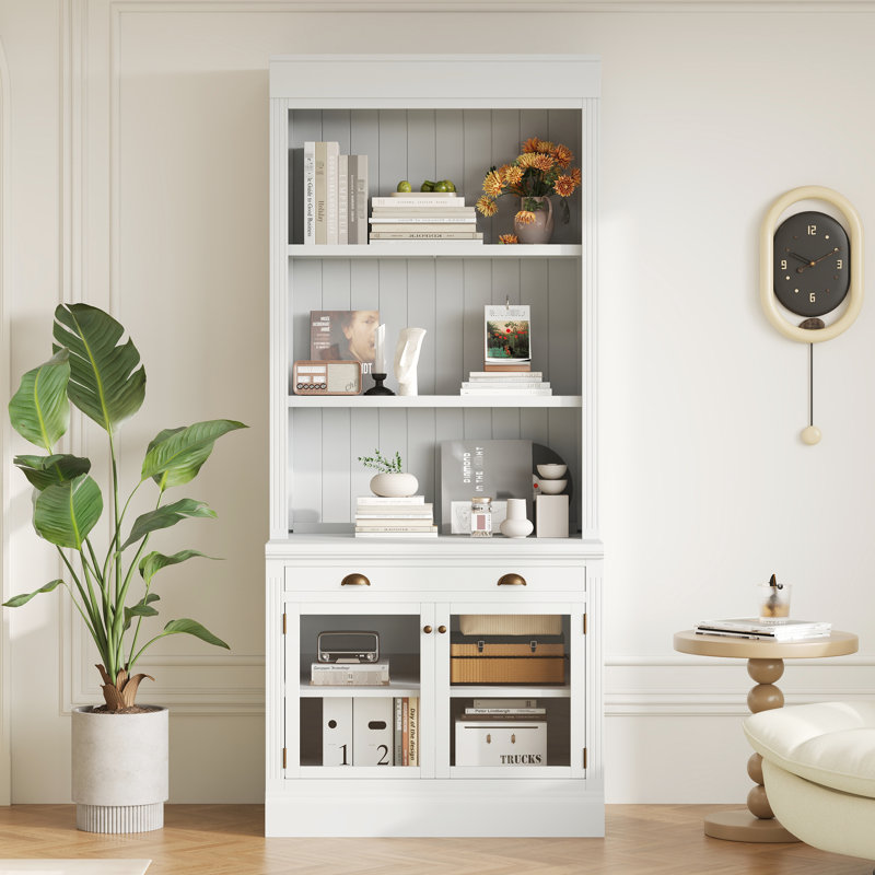 83.4" Tall Rectangle Black Modern Bookcase With Glass Doors And Drawer For Bedroom Decor, High - Quality Metal Handles Shelves 2 1 Home Office Use, Rust Slide Stable Structure