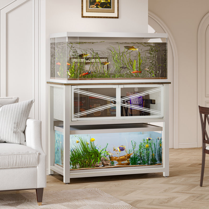 White Heavy Duty Metal Aquarium Stand with Storage Cabinet and LED Light