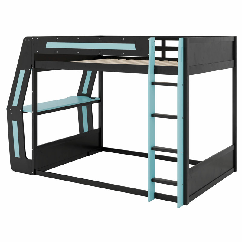 Gaming Bunk Bed With Side-Mounted RGB Desk, USB Charging Ports & Cable Grommet, LED Light Strip, Heavy-Duty Esports Loft Frame