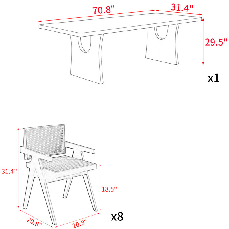 Nordic simple solid wood dining table set, 29.5"H x 70.8"L x 31.4"W