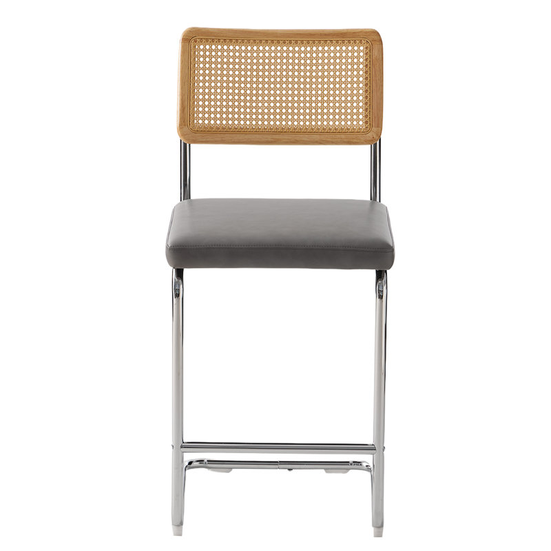 Velvet Upholstered Bar Stool With Woven Rattan Back And Metal Leg 1-Pack, Gray Seat/Brown/Silver Frame