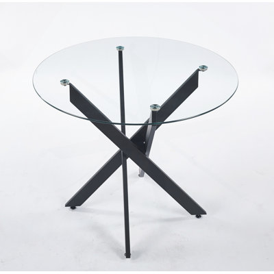 Dining Table With Cross Metal Leg And Tempered Glass,Modern Space Saving Kitchen Table For Living Room