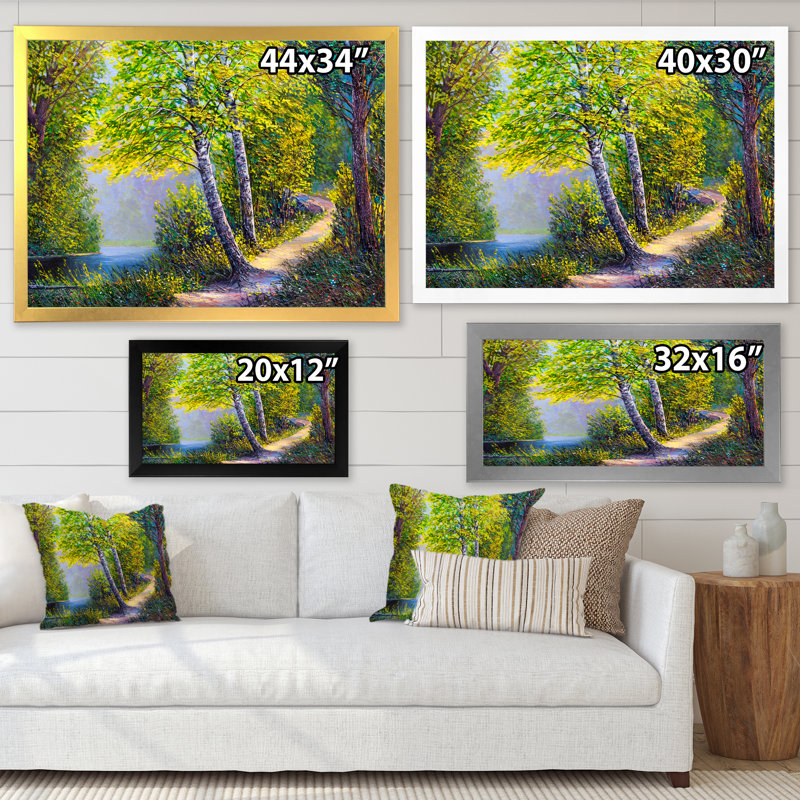 Rivière au printemps, paysage V - œuvre d'art traditionnelle sur toile, H 34 po x l 44 po x P 1 po, Cadre photo doré