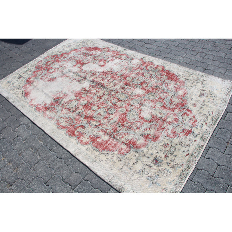 Grand tapis Oushak turc rétro - Tapis en laine Anatolian antique pour chambre à coucher en rouge
