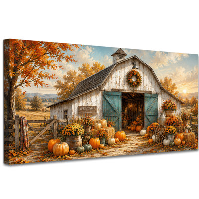 Automne, art mural sur toile rustique, peinture de grange campagnarde, récolte d'automne avec citrouilles, couronne et portes ouvertes pour le décor de chambre à coucher, (16 po x 32 po)