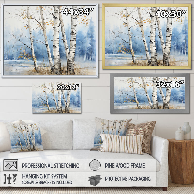«White Birch Trees Forest Winter Scenery II», reproduction sur toile, Cadre flottant doré, H 24 po x l 32 po x P 1 po