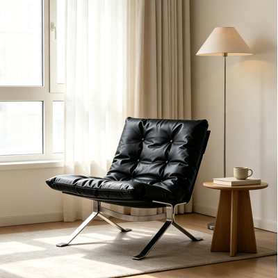 Leather Accent Chair, Black Upholstered Lounge Chair With Stainless Steel Base, Mid-century Living Room Armchair