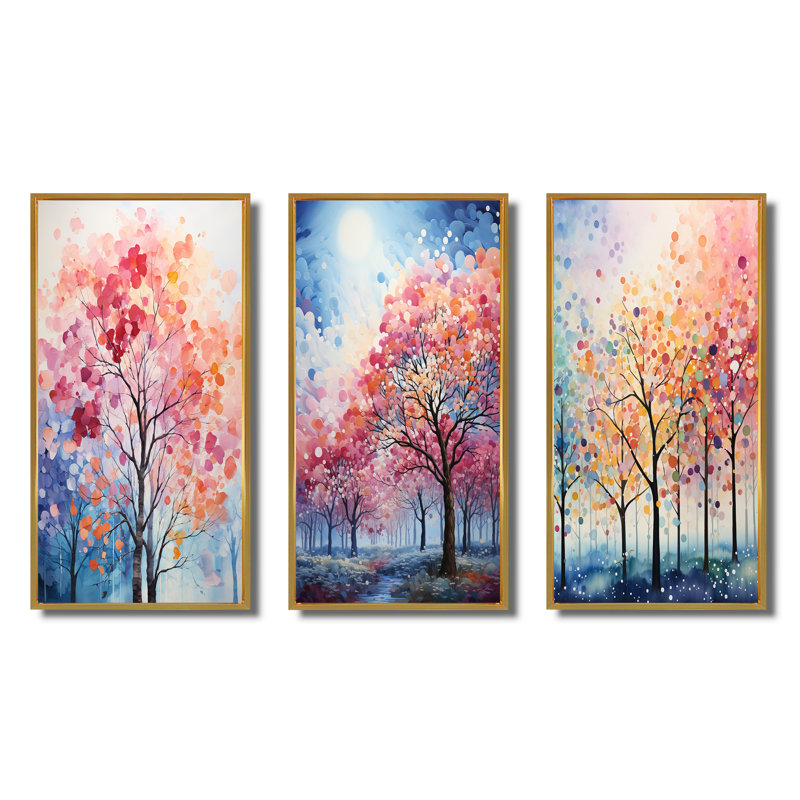 «Pink and Blue Trees Field Pointillism III», 3 pièces sur toile, Encadrement doré, H 20 po x l 36 po