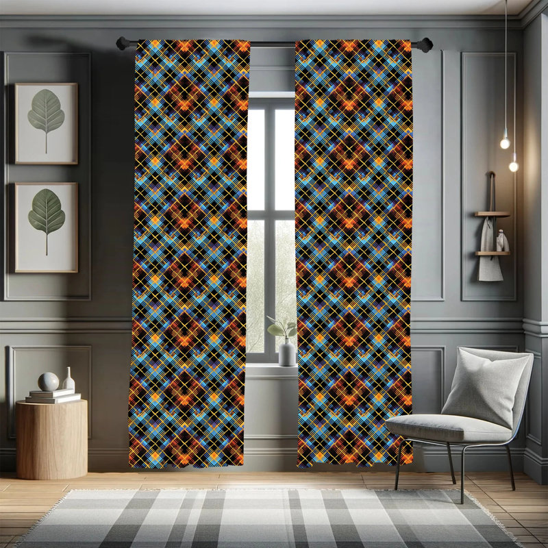 Multicolor Geometric Plaid Polyester Room-Darkening Curtain Panels, 28" x 63"