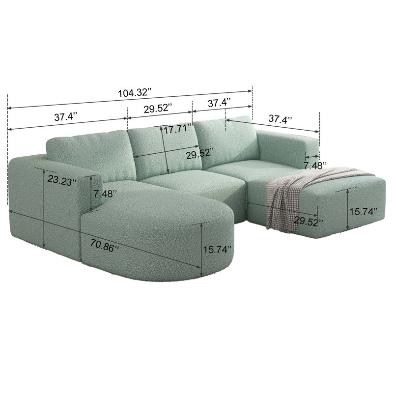 Lakeem Modular Sectional Sofa Sleeper, 23.23" H x 104.32" W x 70.86" D, Light Green Foam