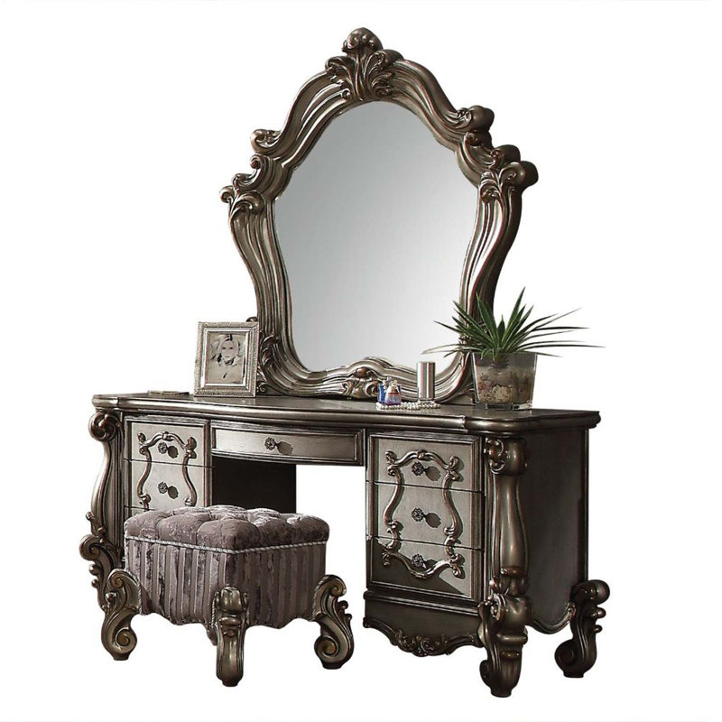 Tabouret de coiffeuse Versailles, tissu et finition platine antique, Tissu et platine antique