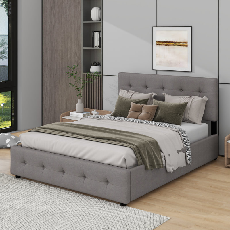 Grand lit plateforme tapissier avec 2 tiroirs et un lit gigogne, Gris clair