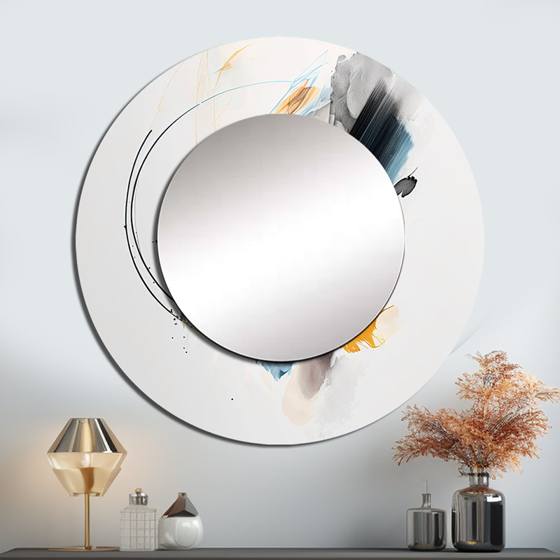 Pippins Abstract Shapes Modern Artwork II - miroir mural abstrait unique, miroir rond moderne, impression d'art en métal