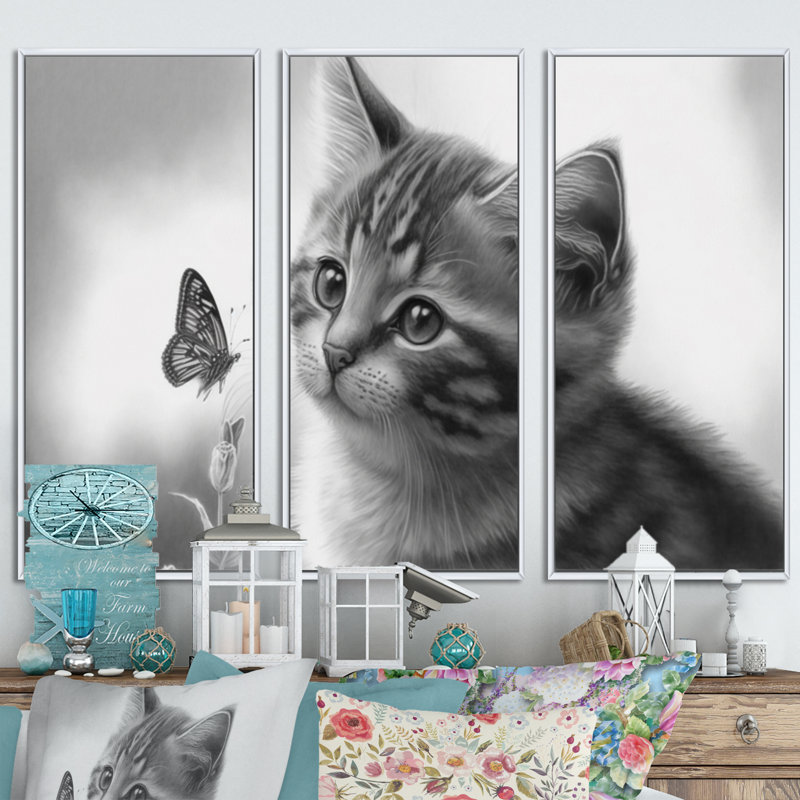 Dessin numérique d'un petit chaton avec un papillon I - animaux, art mural sur toile_80570, H 28 po x l 36 po x P 1 po