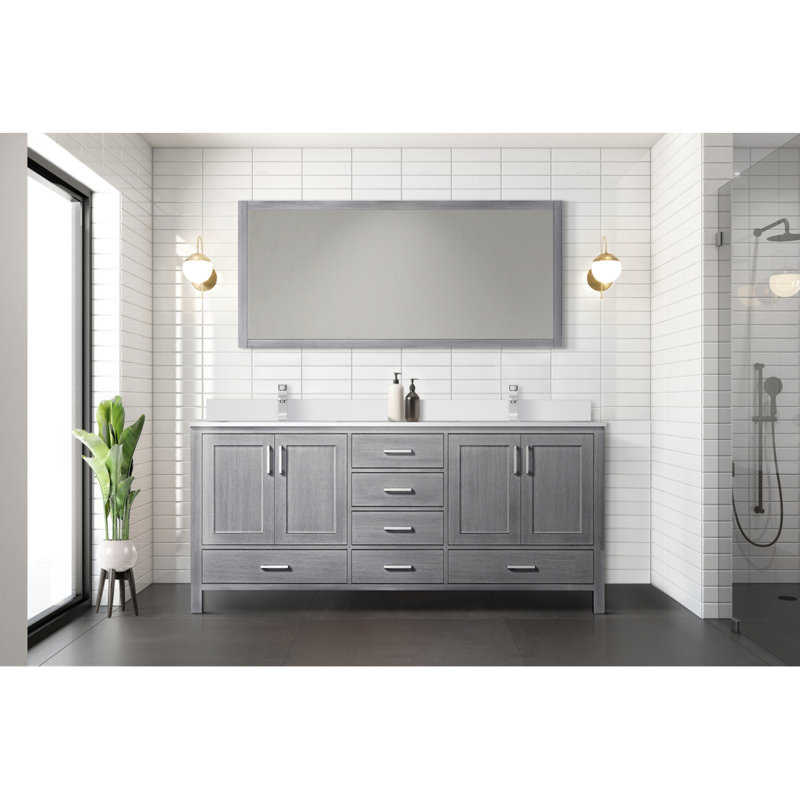 Meuble-lavabo double gris vieilli 72 po X P 22 po D, dessus en quartz blanc et ensemble de robinet, Gris