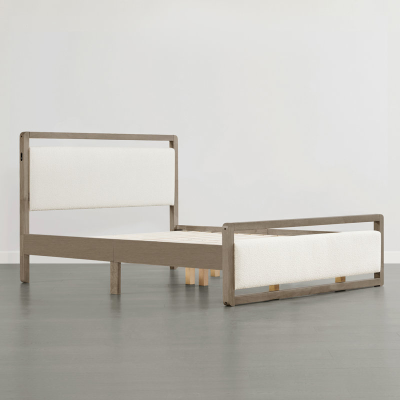 Structure de lit rembourrée moderne en bois massif avec USB, Avoine, Avoine, Très grand lit