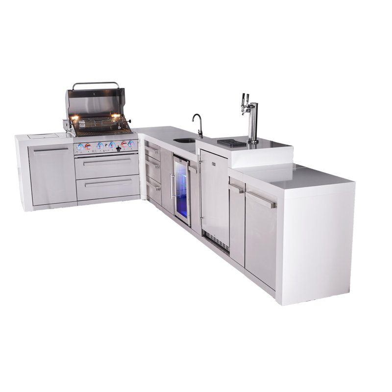 Mont Alpi Premium 4-Burner 82"X161" L-Shaped 400 Deluxe Stainless Steel Modular Outdoor Kitchen Island Bbq Gas Grill + Beverage Center Faucet & Sink + Refrigerator + Kegerator + Cover + Rotisserie Kit