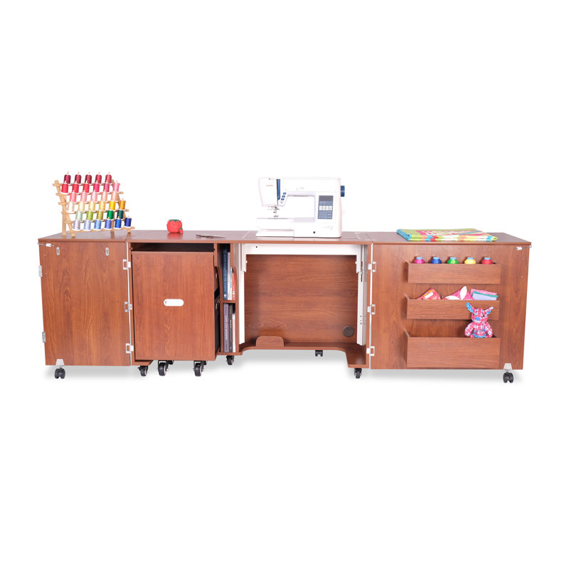 Aussie Sewing Cabinet with Hydraulic Machine Lift and Caddy by Kangaroo Sewing Furniture, Teak