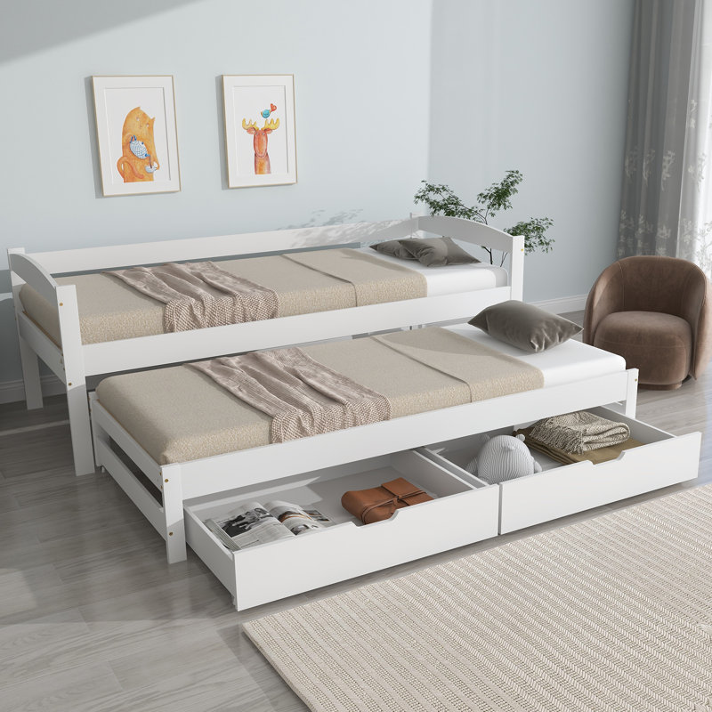 Daybed With Extendable Single To Double Bed, Rolling Trundle & 2 MDF Drawers – Solid Wood Frame, White