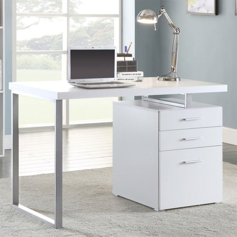Bureau réversible à 3 tiroirs (bureau), Retour à droite, Blanc