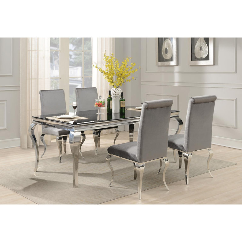 Table de salle à manger glamour et 4 chaises en velours gris, 5 Pieces: Table, 4 Chairs, Grey