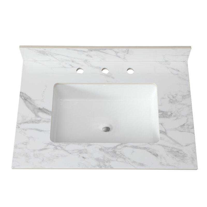 Dessus de meuble-lavabo de salle de bain 31 po x 22 po - Blanc pierre fritté avec lavabo en céramique, s'adapte à la plupart des armoires standard, installation facile par le dessous pour maintenir la beauté