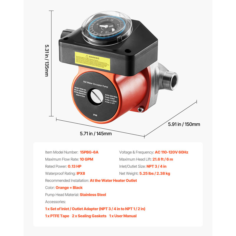 Pompe de recirculation d'eau chaude, avec minuterie, ensemble de pompe de recirculation instantanée 10 GPM, système de circulation à circulation, 0,13 HP AC 110-120V, connecteur NPT 3/4 po à NPT 1/2 po, pour chauffe-eau solaire