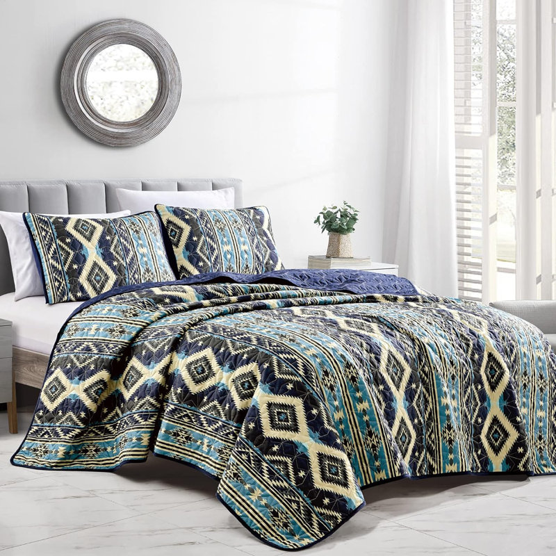 Queen Size Blue and Beige Reversible Polyester Quilt Set