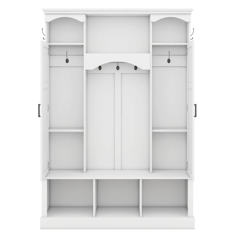Modern Farmhouse Hall Tree With Adjustable Shelves & 7 Hooks, Entryway Organizer, Shoe Cabinet & Storage Bench, White