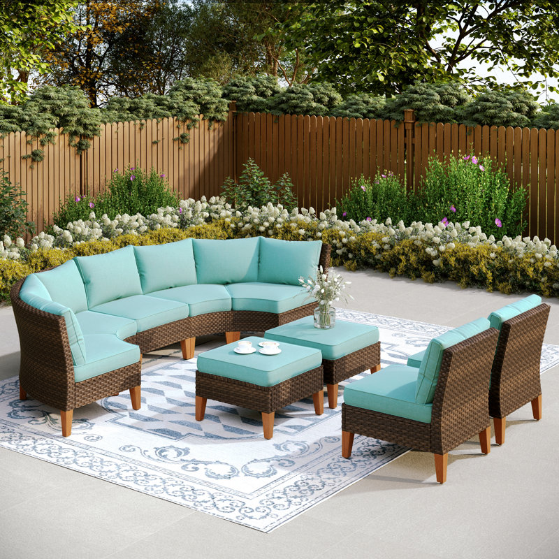 Argyri Wicker Outdoor Patio Conversation Furniture Sectional Set with Cushions, Blue