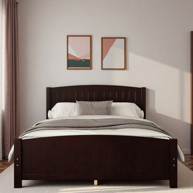 Lit plateforme en bois avec lignes décoratives et lattes de soutien, Noir, Grand lit