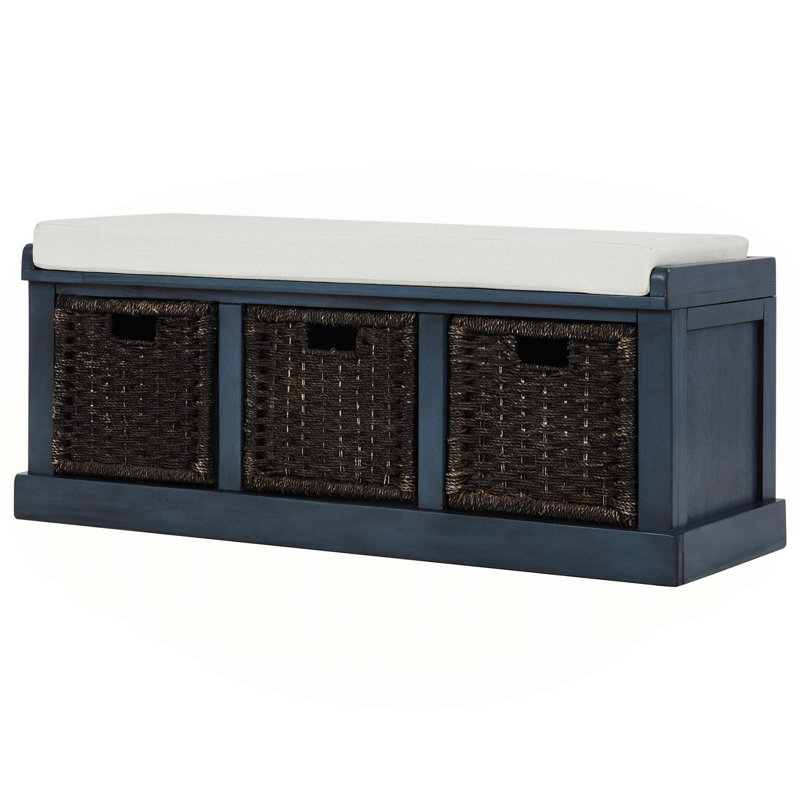 Banc de rangement polyvalent rustique avec coussin amovible et paniers profonds, Beige / bleu marine antique