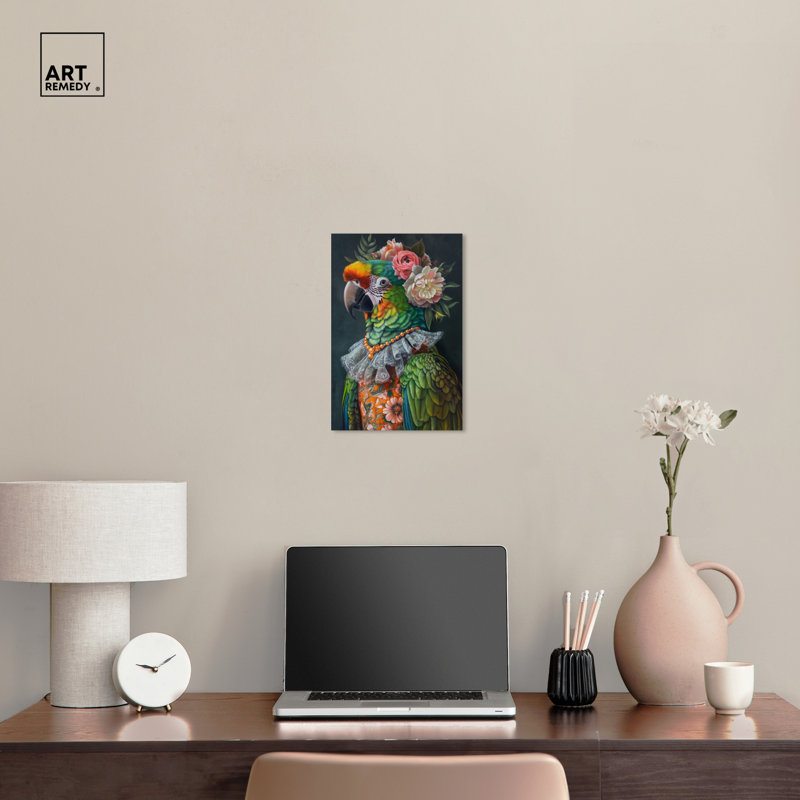 Green and Multicolor Parrot Canvas Art with Pine Frame