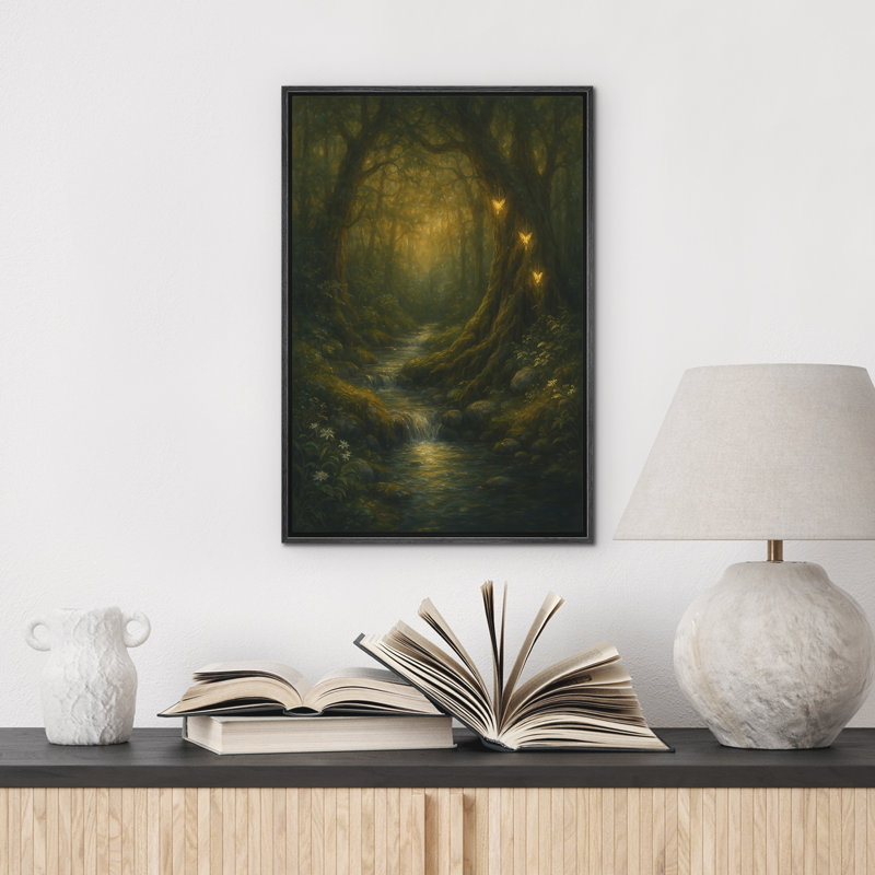 «Enchanted Forest with Glowing Butterflies Mystical Fantasy Landscape», reproduction d'art sur toile encadrée, Noir