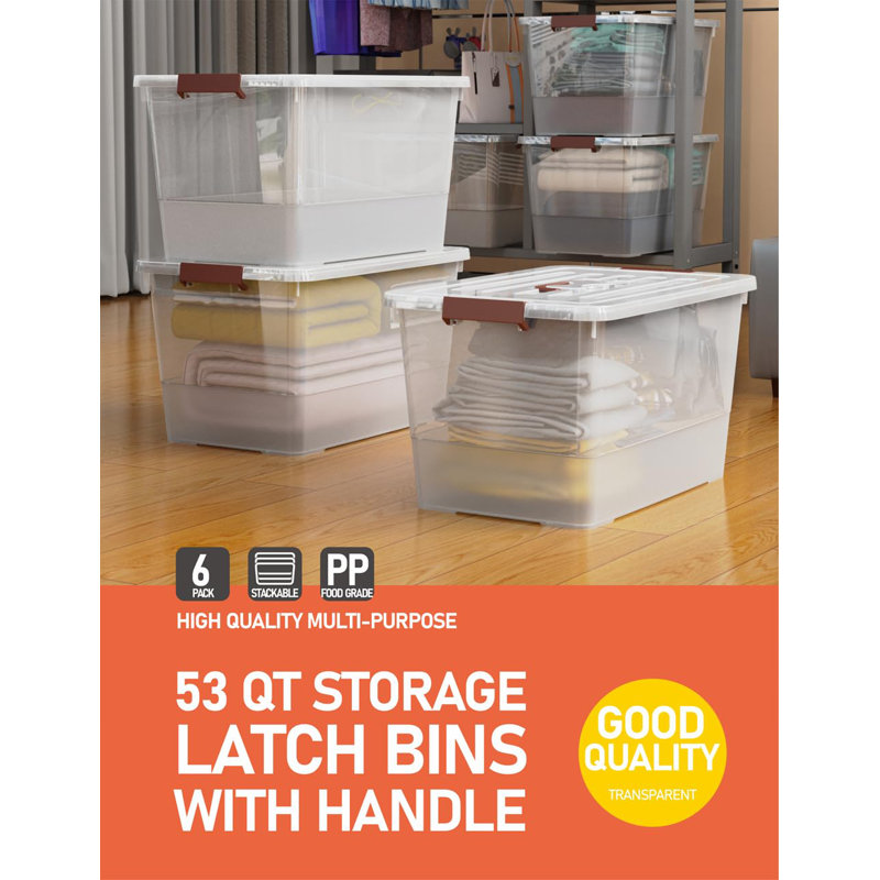 53qt Clear Plastic Storage Bin with Lids and Latch Buckle, Tote Organizing Box Stackable and Nestable, Set of 6, 53 qt.