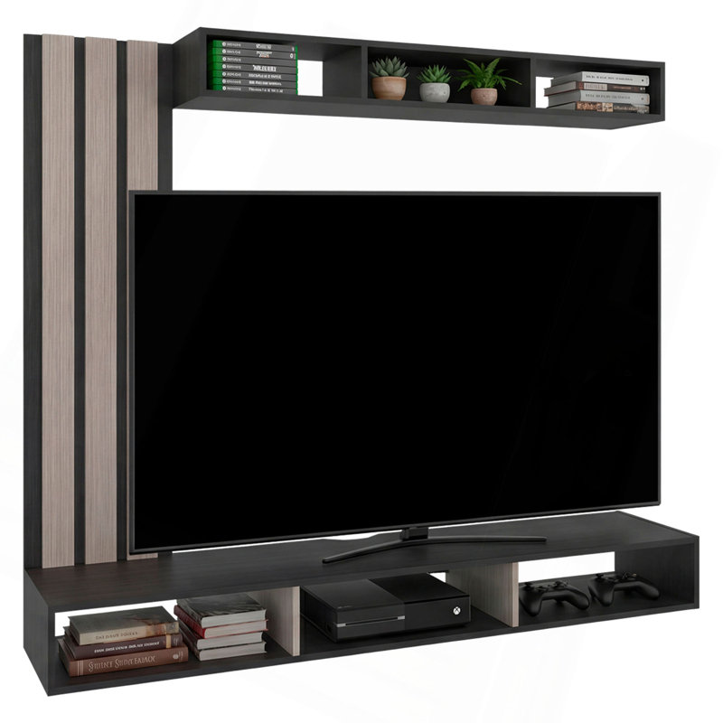 Meuble audio-vidéo pour téléviseur de 65 pouces - Console multimédia murale avec meuble télé flottant, tablette supérieure et panneau de lattes décoratif