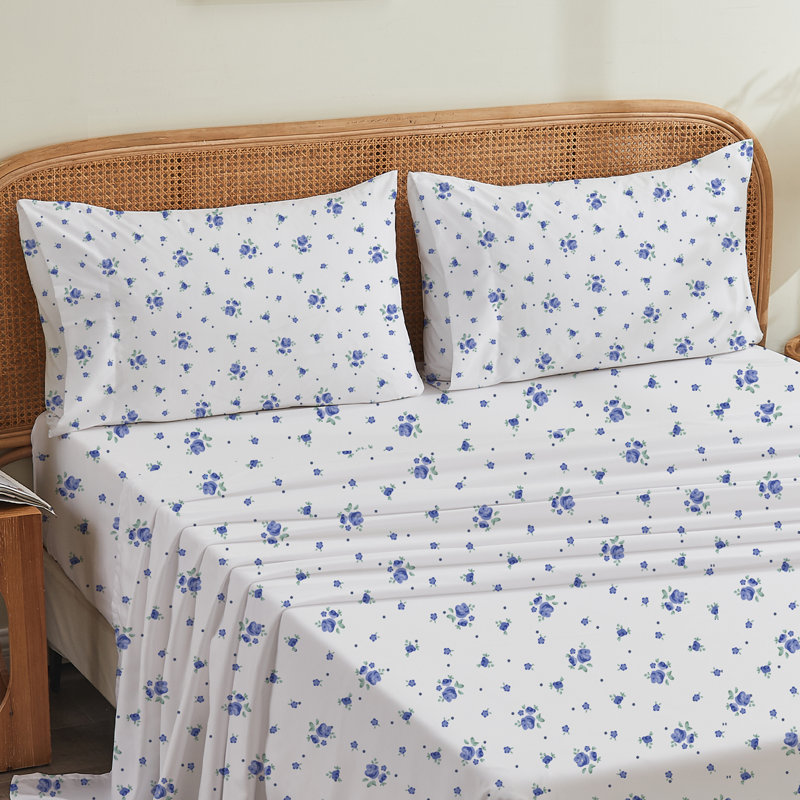 Digital Printed Patterned Fabric Pillowcases Set, Blue Floral, Queen Pillow Case