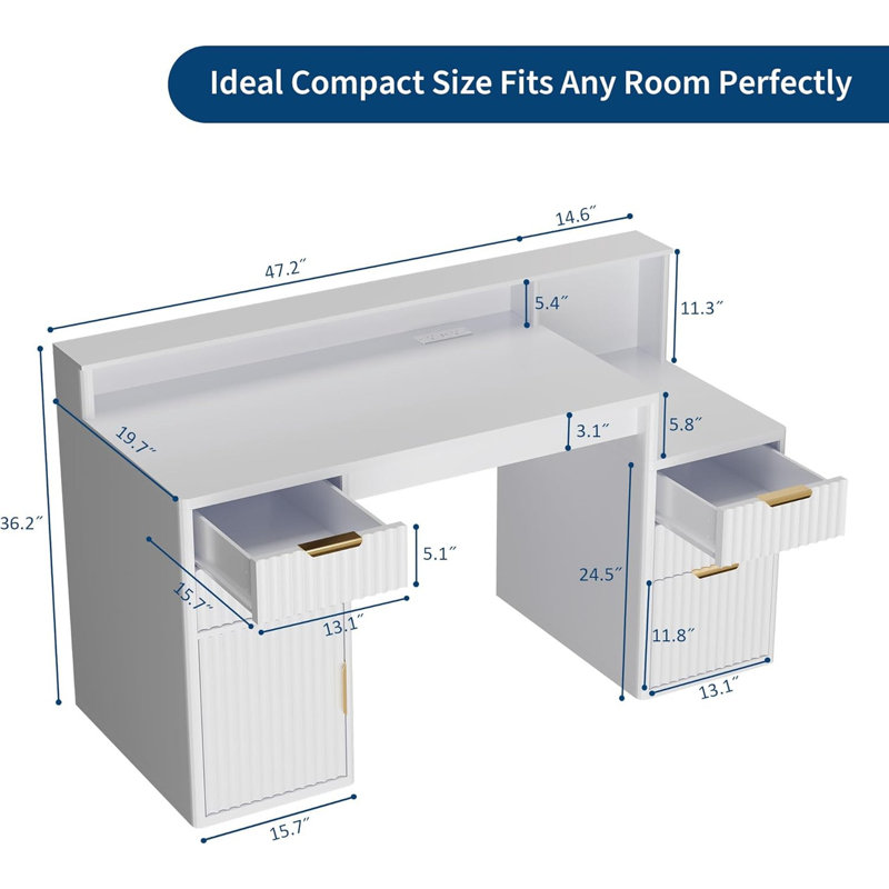 Bureau d'ordinateur rectangulaire avec huche et support pour imprimante - Rangement à porte ondulée, peu encombrant pour la chambre à coucher