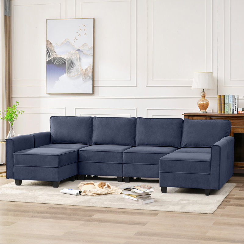 Canapé modulaire en velours en U avec sièges de rangement, Velours bleu marine