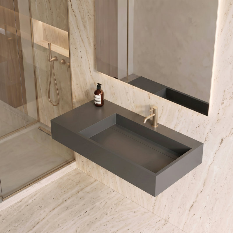 Juniper 36" Right Basin Rectangular Wall Mounted Bathroom Sink with Concealed Drain - Gray, With Faucet Hole, Gray, Single