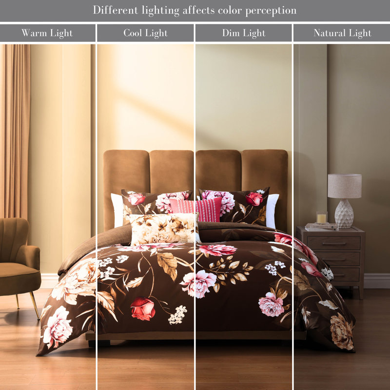 Queen Brown Floral Cotton Reversible Comforter Set