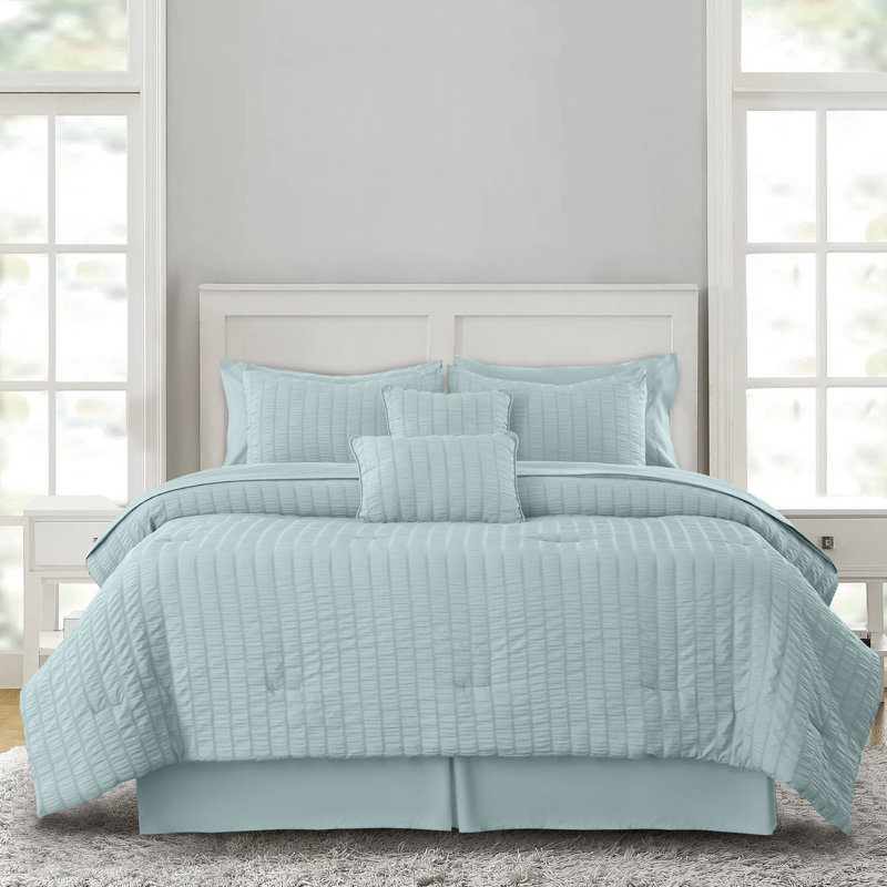 10 Pcs MF Comforter Set Bed in a Bag for All Seasons Seersucker Lightweight Comforter Set with Sheets, Blue
