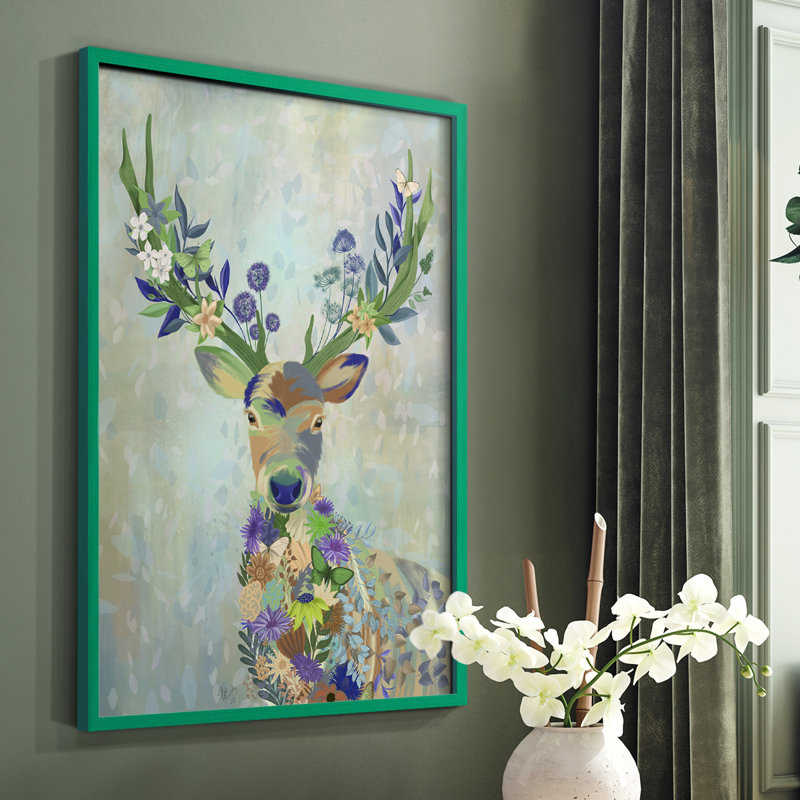 Fantastic Florals Deer, Portrait, reproduction encadrée - bois massif, Vert, H 10 po x l 8 po