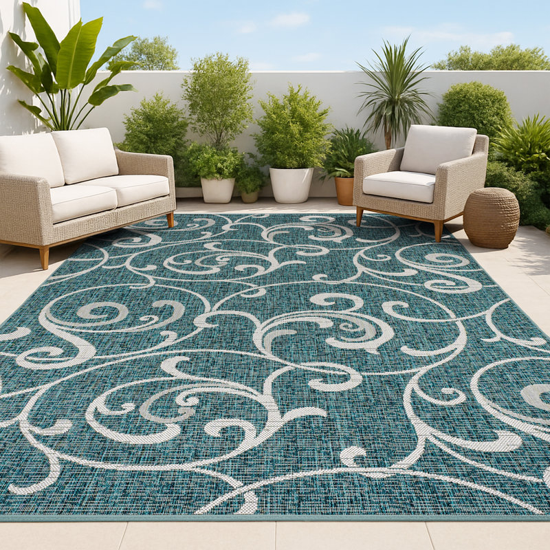 Tapis d'intérieur / extérieur à volutes et crème Maribel, Rectangle 5 pi 3 po x 7 pi 7 po