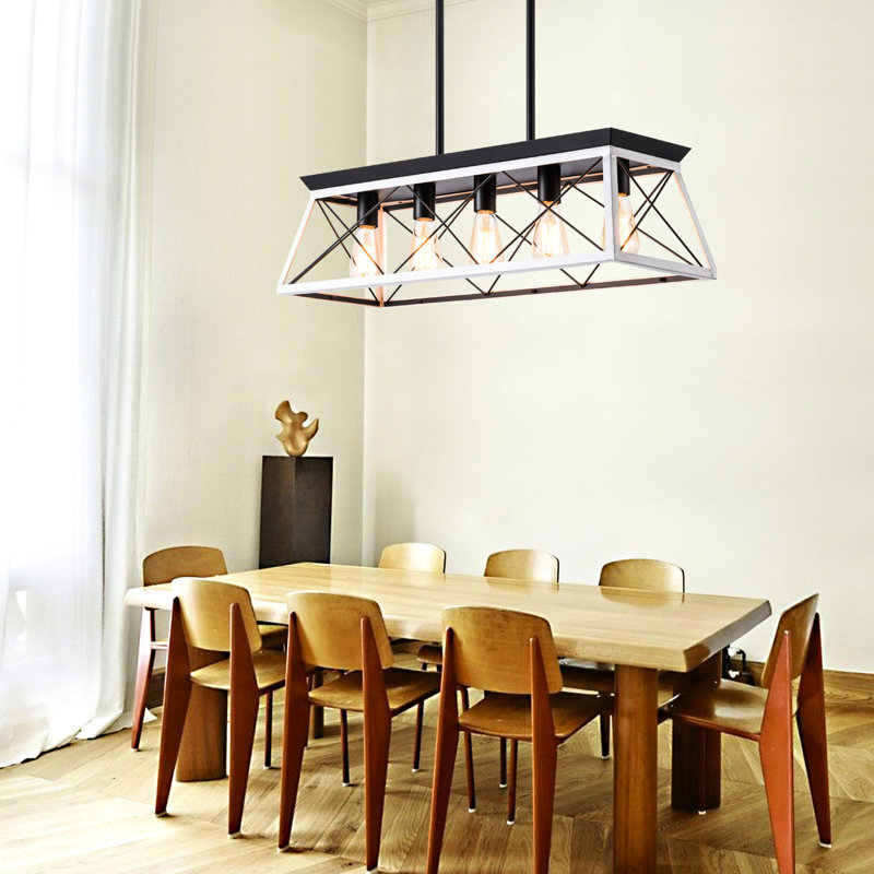 5- Dining Room - Rustic Style Adjustable Height White Lampshade Iron Wood Construction